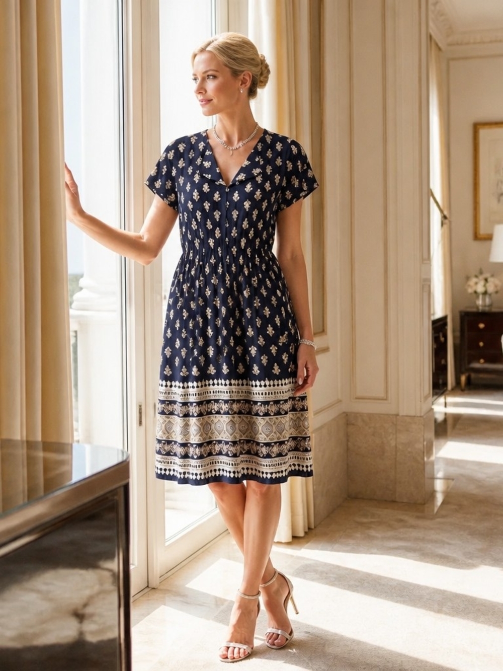 Elegant Navy Midi Dress with Cream Border Print